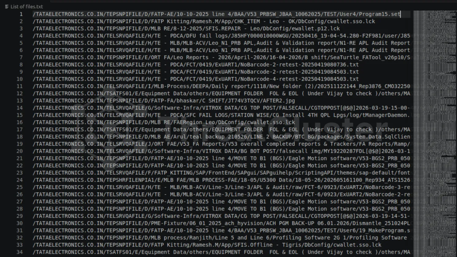 Redacted view of the 31 MB file index listing Tata Electronics paths